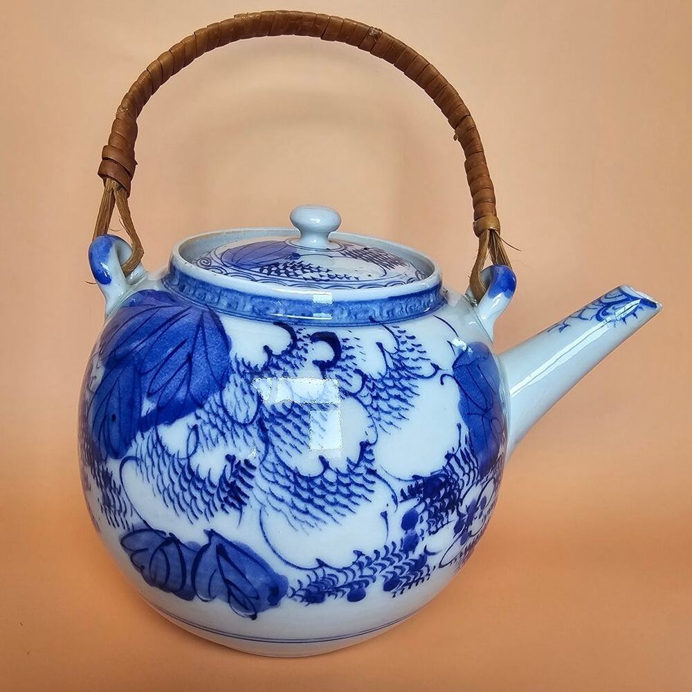 Vintage Blue White Teapot Wicker Handle Lid - Chinoiserie Style